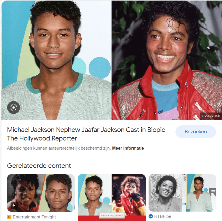 Screenshot van foto's van zowel Jaafar als Michael Jackson die gelijkenissen in vorm van gezicht laten zien, maar ook gelijkenissen van Jaafar met zijn vader Jermaine