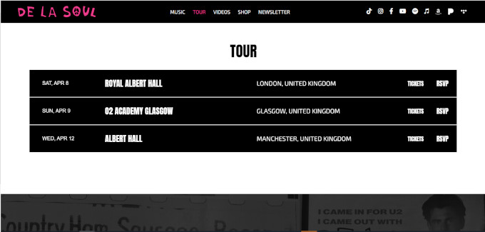 Tourpagina op de website van De La Soul met 3 concertdata in het Verenigd Koninkrijk: zaterdag 8 april in London, zondag 9 april in Glasgow en woensdag 12 april in Manchester.