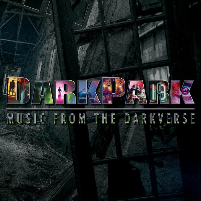 Albumcover van 'DarkPark: Music from the darkverse" met een donkere, duister aandoende afbeelding, waarbij de letters van DarkPark met meer kleurrijke afbeeldingen zijn ingekleurd.
